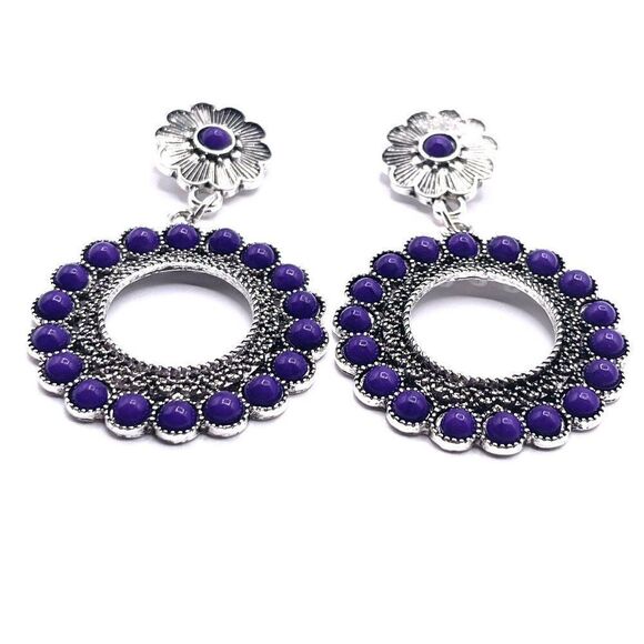 Silver with Purple Turquoise Boho South Western Native Post Back Earrings - Picture 2 of 6